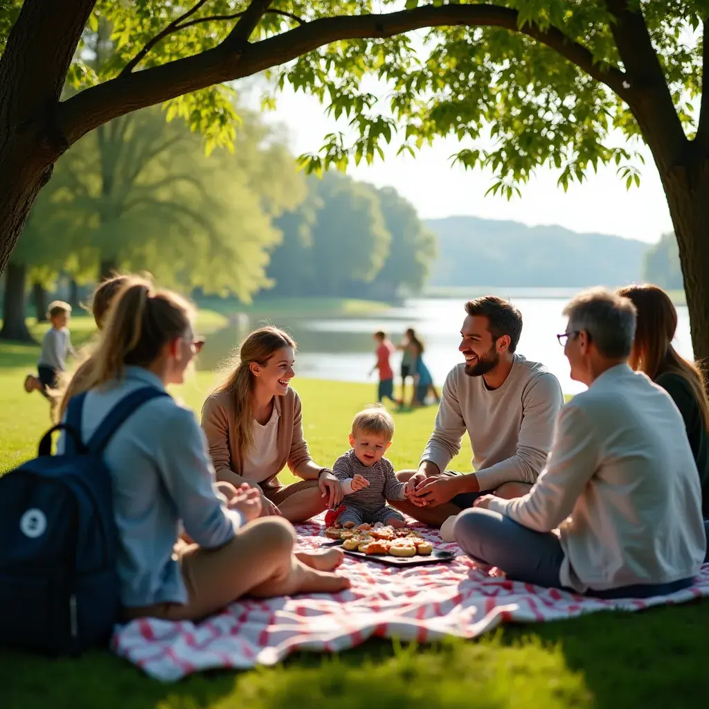 Reisende genießen ein Picknick in einem schönen Park während ihrer Reise.